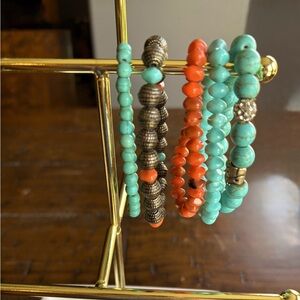 Turquoise and Orange Beaded Stretch Bracelet Set